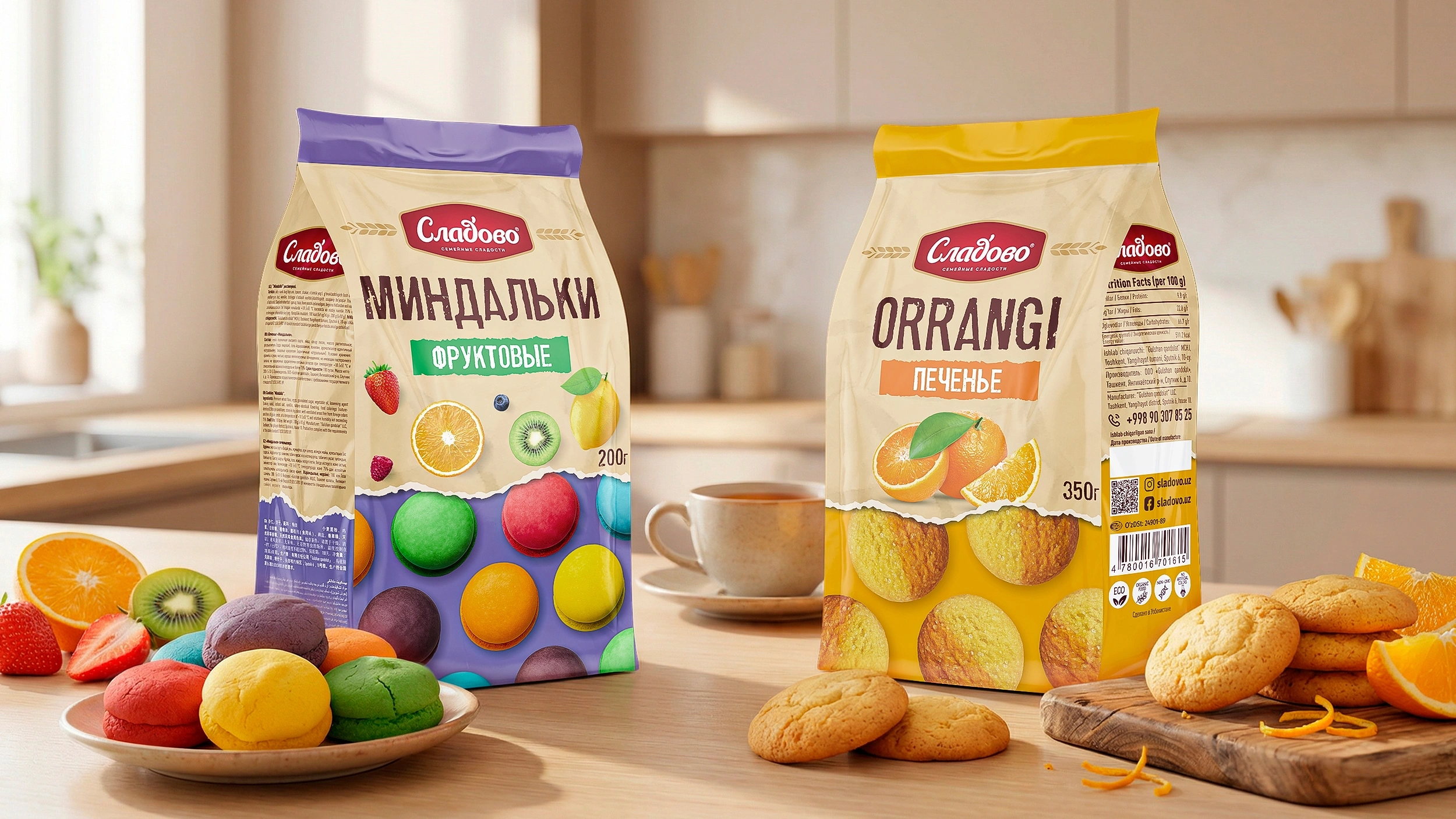 SLADOVO — дизайн упаковки печенья для бренда кондитерских изделий в Узбекистане